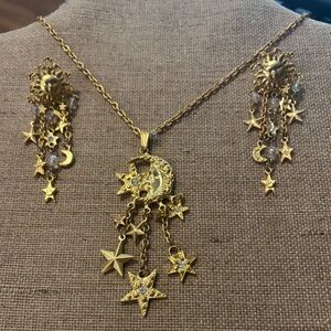Beautiful Moon And Stars Necklace With Sun Earrings Set 24”